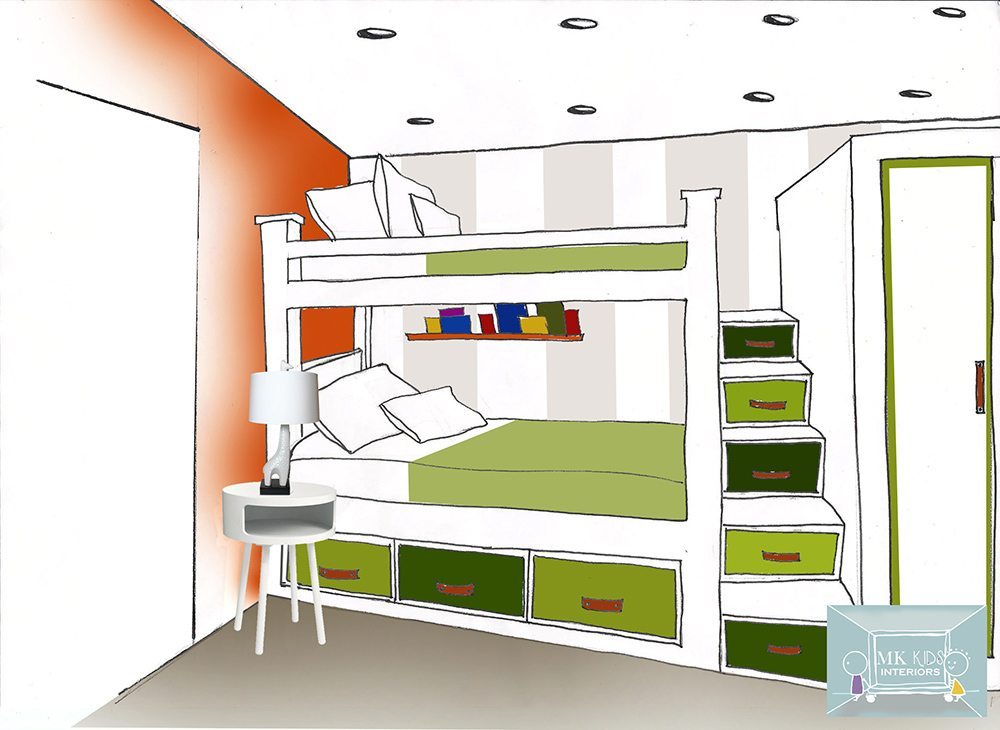 Hand drawing of a toddlers bunk bed with step drawers