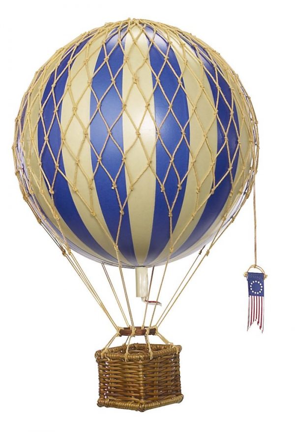 blue and ivory striped hot air balloon hanging mobile with rattan basket