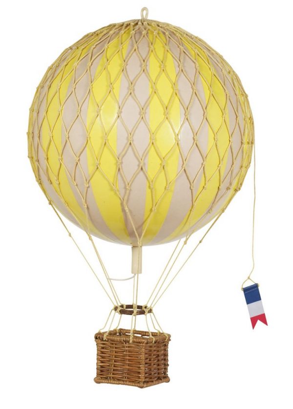 yellow and ivory striped hot air balloon model with a brown rattan basket and a blue yellow and red flag flag