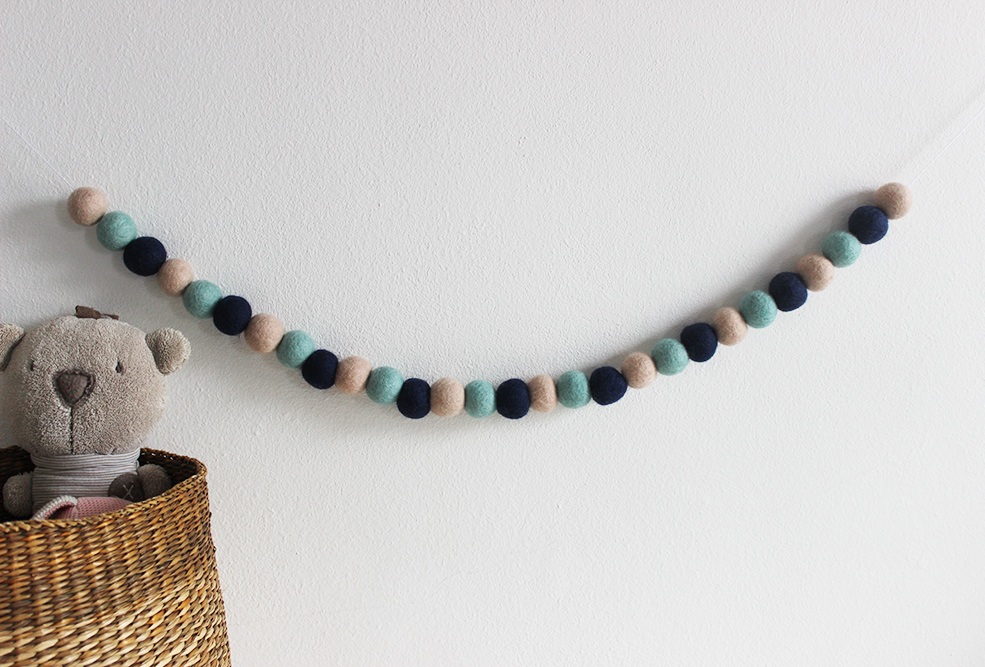 Blue and taupe baby boy pom-pom felt ball garland