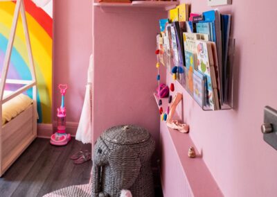 MK Kids Interiors- Girls bedroom interior styling- pink and grey feltball swirl rug-rainbow wall mural