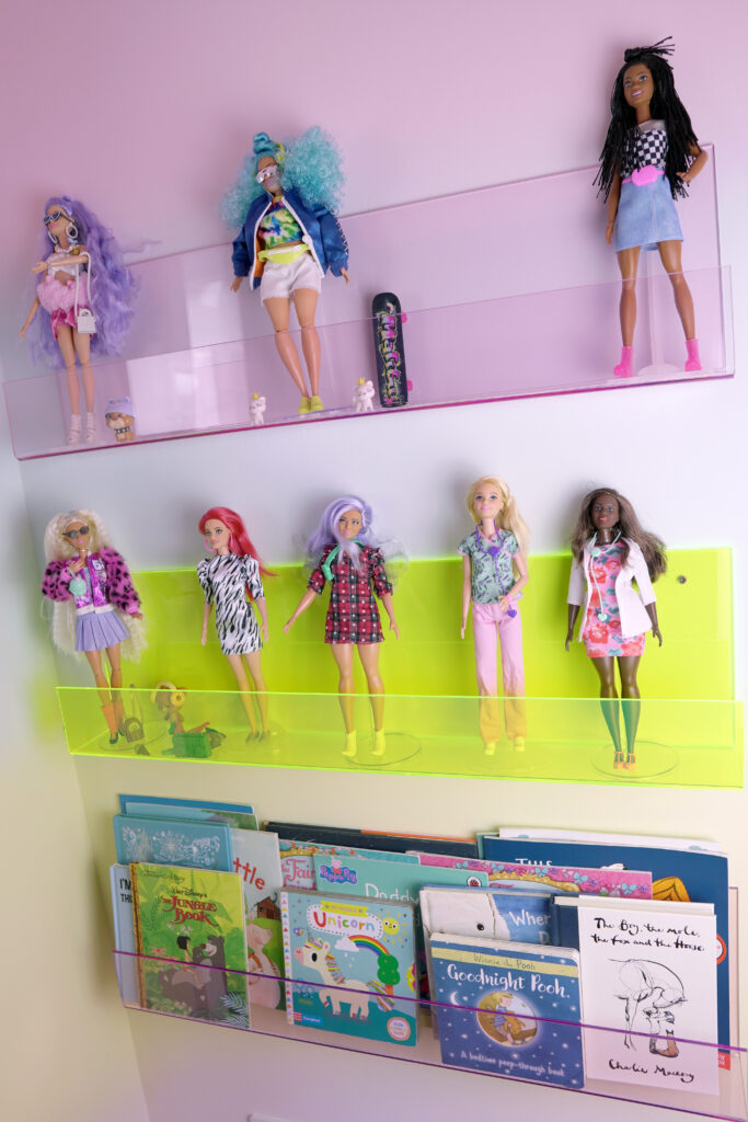 Pink and green live edged book ledges- barbie doll display-book shelves-floating book shelves-acrylic ledges-Mk Kids Interiors