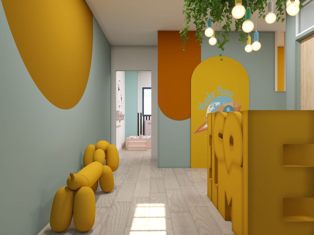 Wonder Haven Day Nursery reception-blue and orange walls with hanging greenery -MK Kids Interiors-day nursery interior designers.jpg