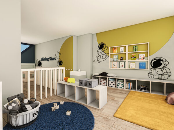 Wonder Haven day nursery prechool room- day nursery design-grey wall with green semi circle- book display and storage-MK Kids Interiors
