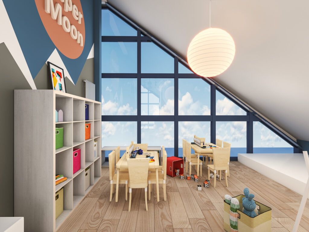 Wonder Haven toddler room-storage and tables-MK Kids Interiors day care designers- kindergarten designer