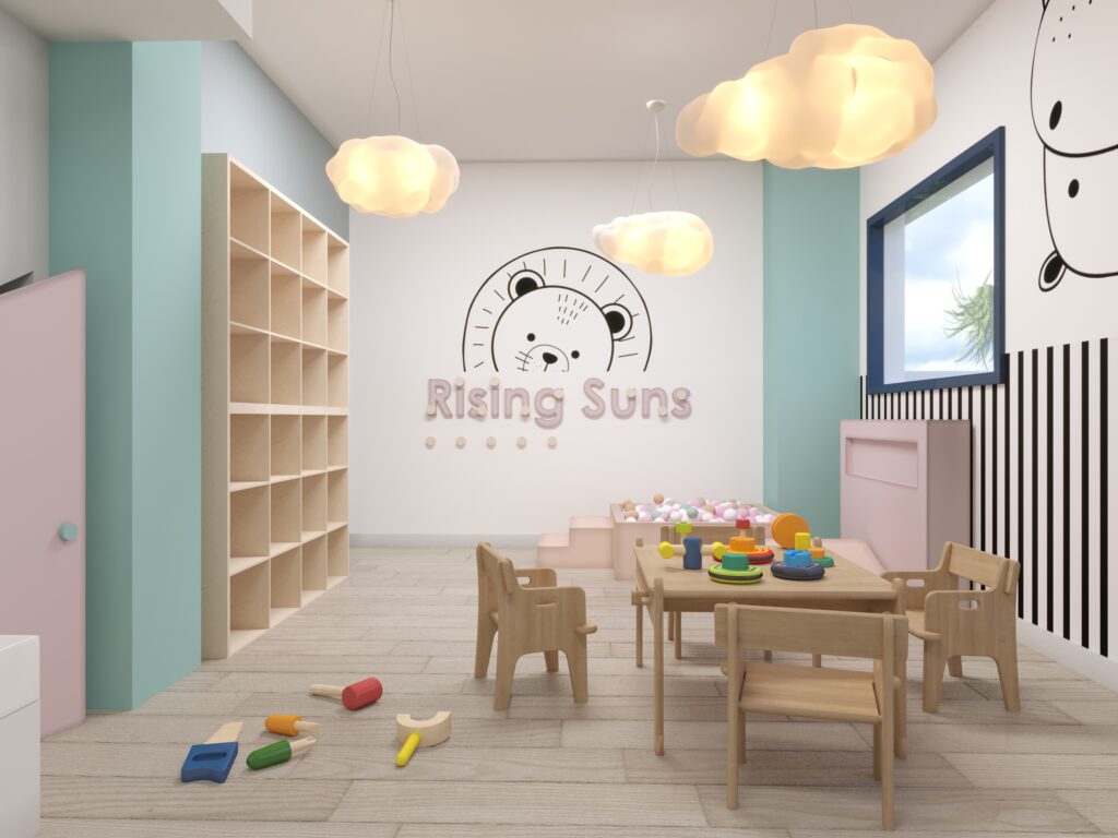pink and blue baby room with black and white striped walls-day nursery baby room ideas- 3D name sign-cloud lights -Wonder haven baby room-MK kIds Interiors