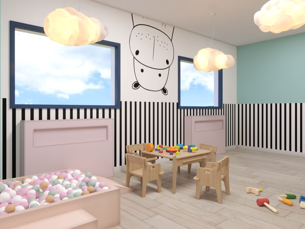 pink and blue baby room with black and white striped walls-day nursery baby room ideas-Wonder haven baby room-MK kIds Interiors