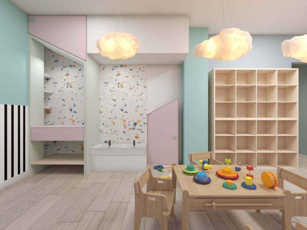 pink and blue baby room with terrazzo splashback-day nursery baby room ideas-Wonder haven baby room-MK kIds Interiors