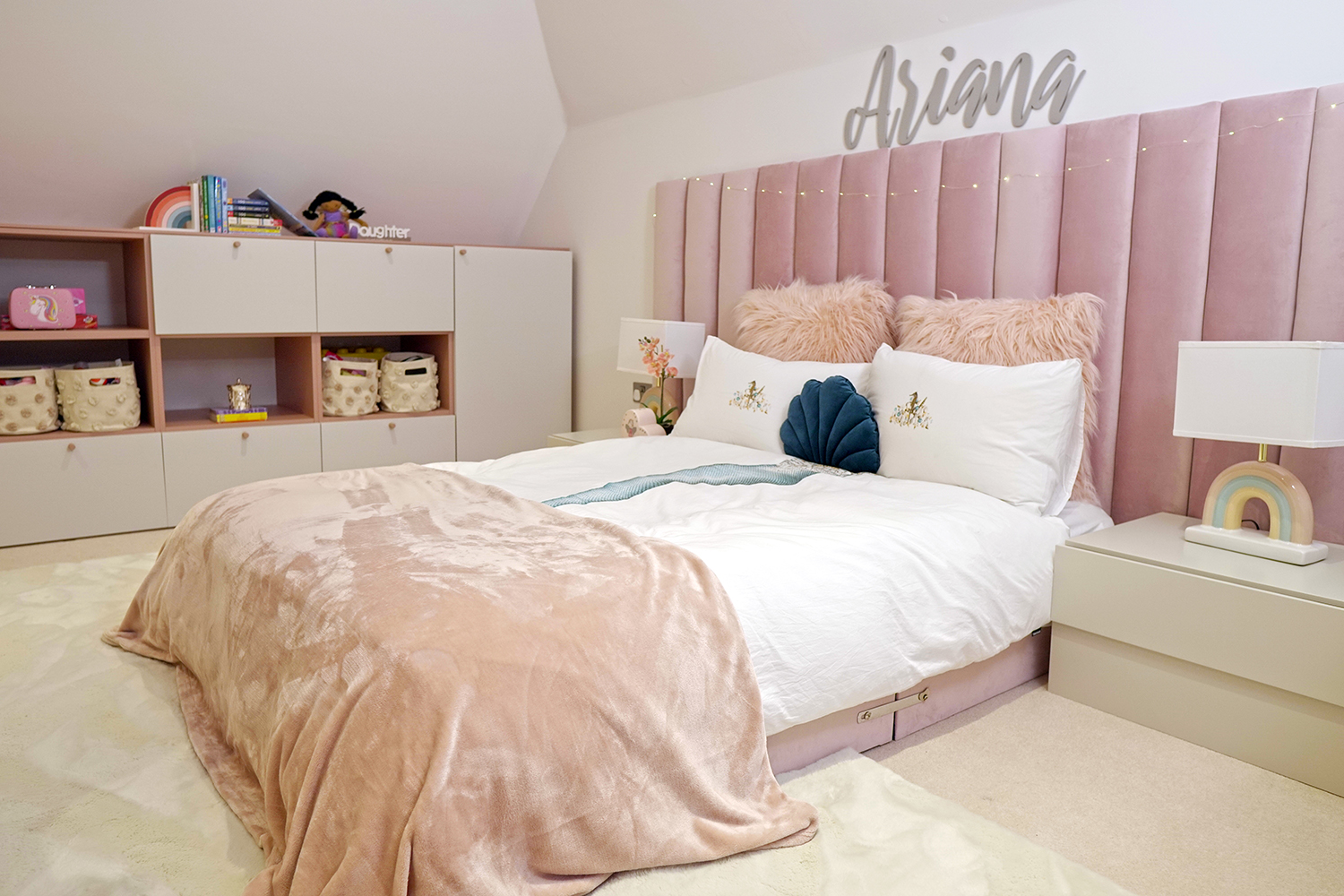 Girls bedroom design-pink and taupe bedroom-pink panelled headboard-luxury girls bedroom-MK kids Interiors